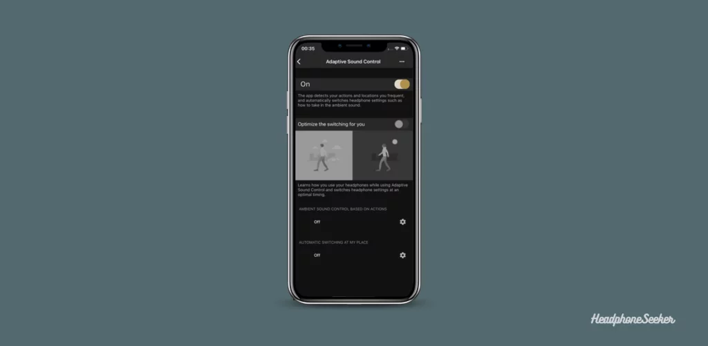 Adaptive Sound Control menu in the sony headphone connect app